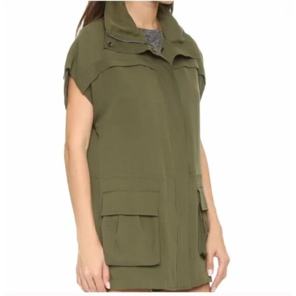 Alice + Olivia Army Green Vest Jacket Cinch Waist Attached Hood Size Medium - Picture 1 of 11